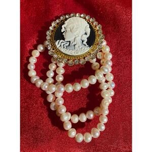 Gorgeous Huge Cameo Bracelet with Fresh Culture Pearls and Rhinestones